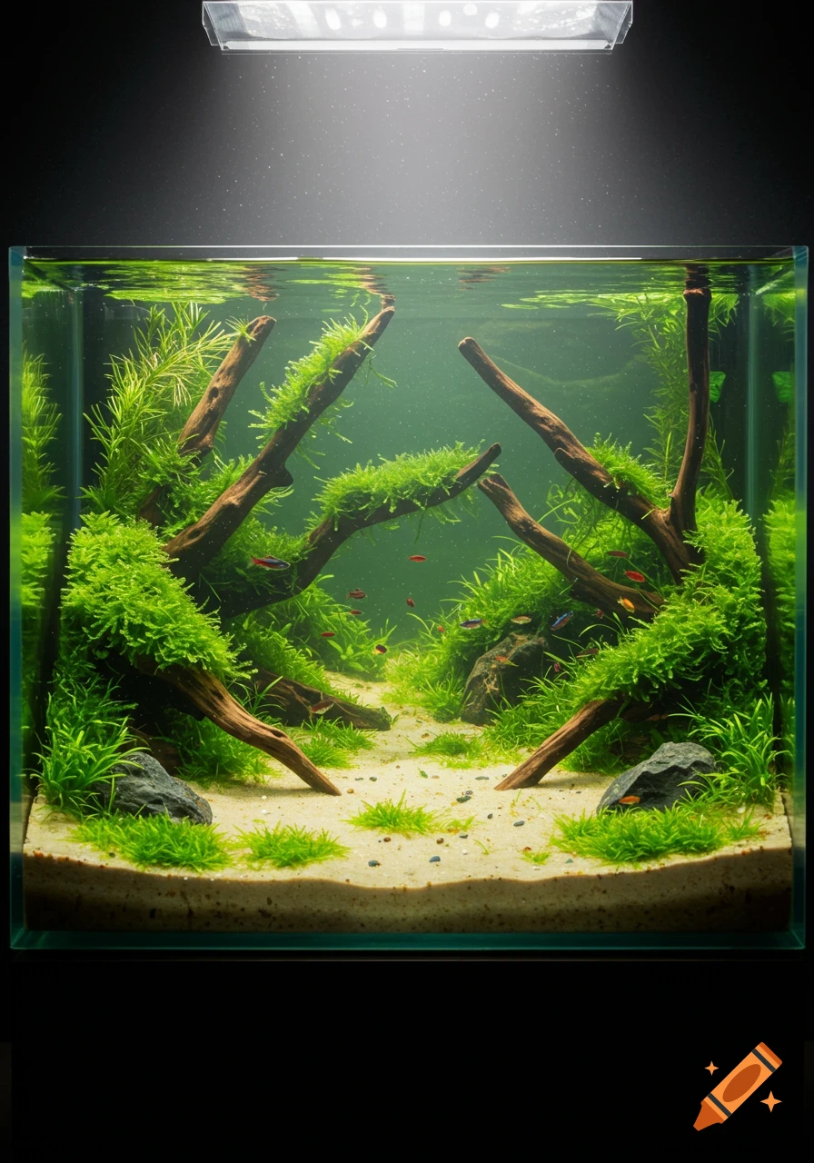 A vibrant nano nature aquarium with lush green plants, driftwood, sandy substrate, and small fish under a bright light.