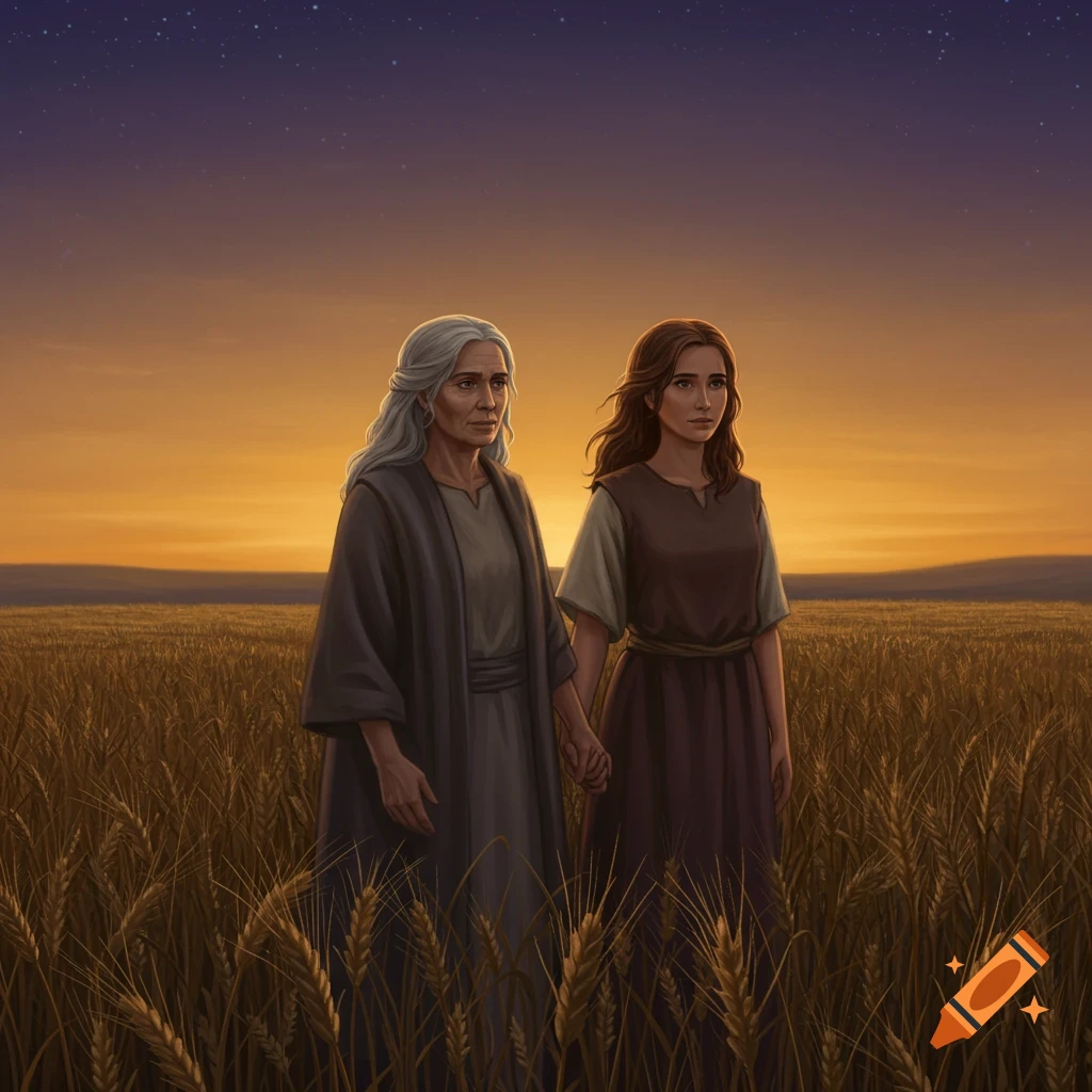An older woman and a younger woman hold hands in a wheat field at sunset under a starry sky.