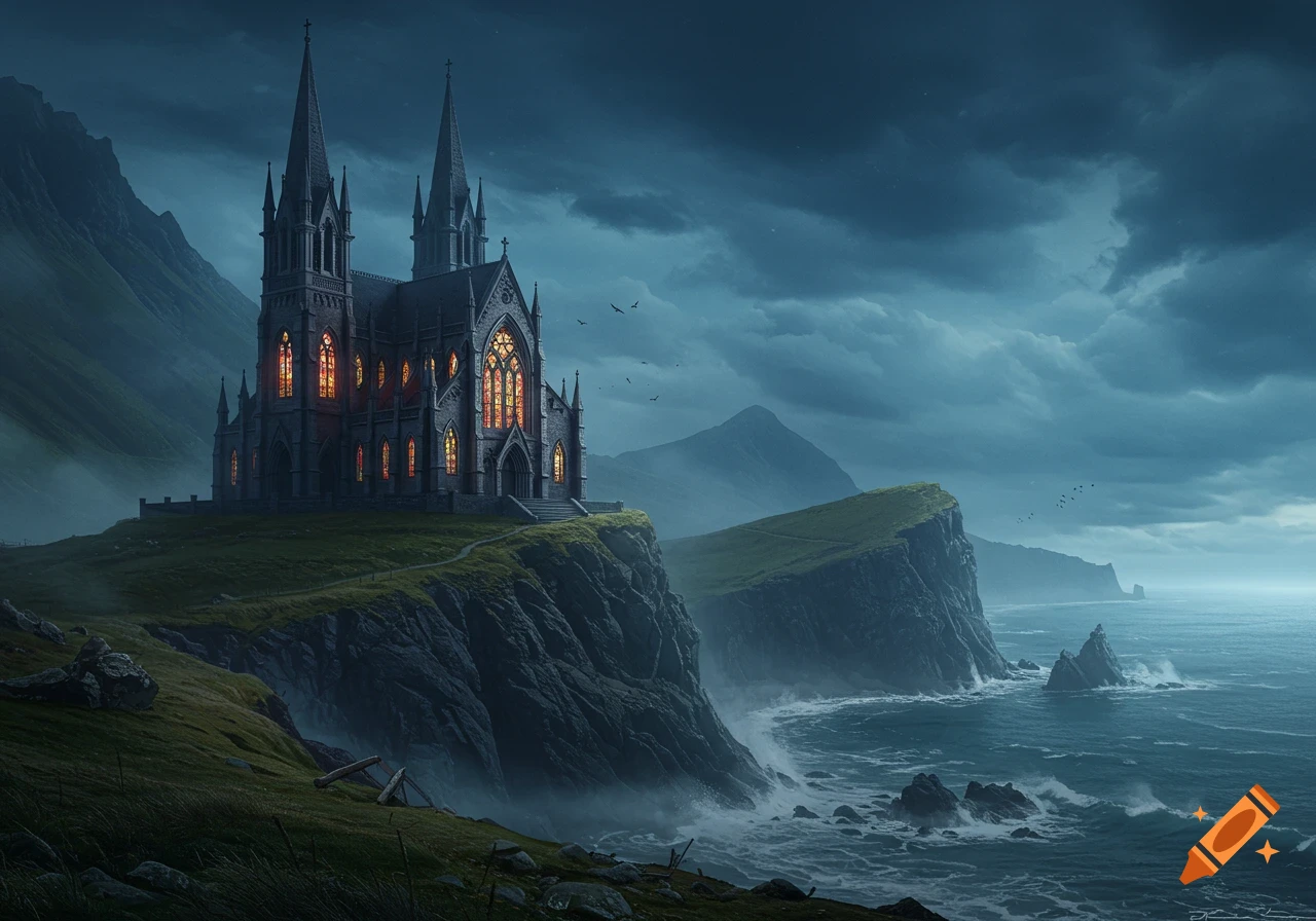 Gothic church with glowing stained glass on a grassy cliff overlooking a stormy, misty ocean under dark clouds.
