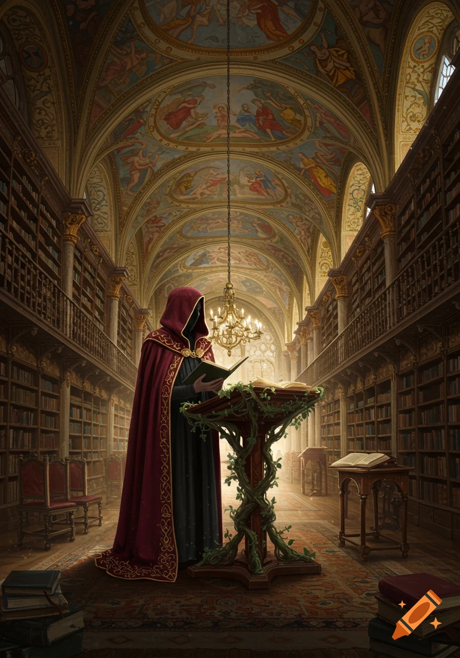 A robed figure reads a book on a vine-covered lectern in a grand, ornate library with high ceilings and many bookshelves.