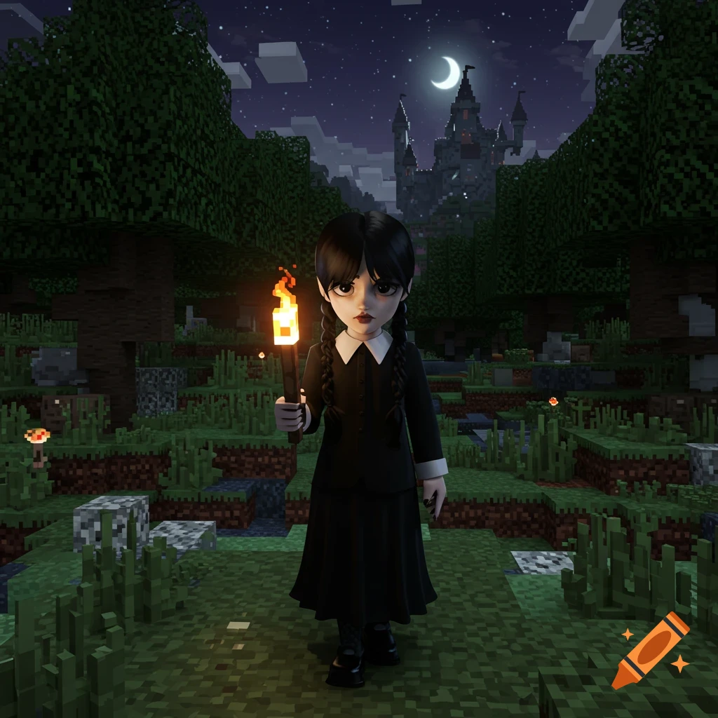 Stylized 3D render of Wednesday Addams holding a torch, standing in a dark, blocky Minecraft-style forest with a castle and crescent moon.
