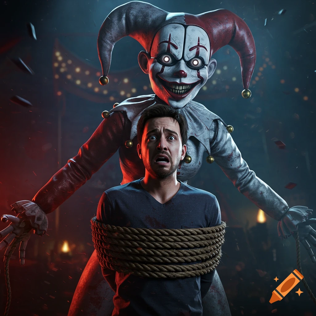 A terrified man tied with rope, facing the camera, with a large, scary jester animatronic looming behind him in a dark, ominous setting.