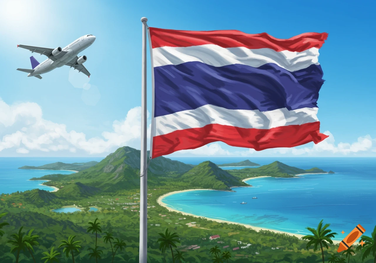 Illustration of the Thai flag waving over a tropical island landscape with an airplane flying overhead.
