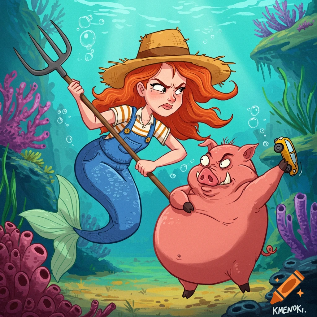 A cartoon mermaid farmer with red hair and a pitchfork confronts an angry pig holding a toy car underwater.