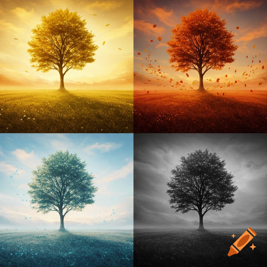 A four-panel image depicts a single tree in a field. Top left is golden, top right is fiery orange autumn, bottom left is vibrant green spring, and bottom right is grayscale winter.