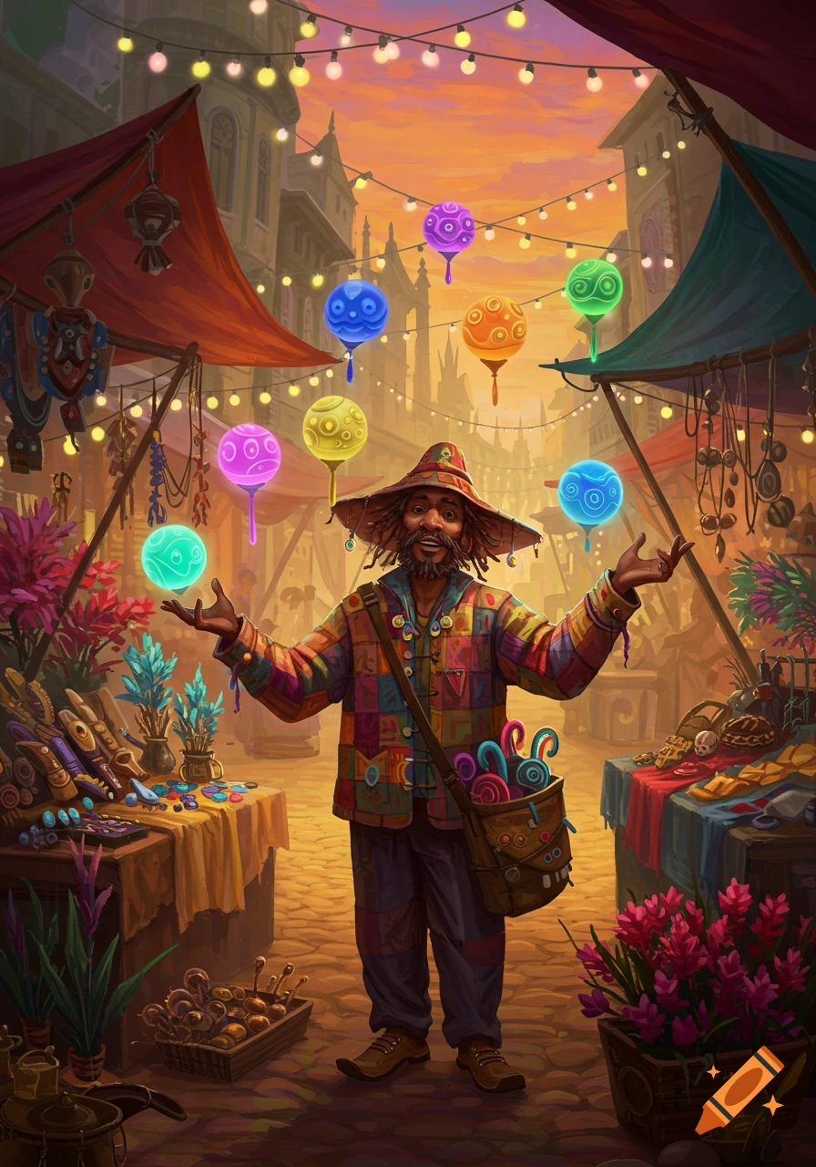 Vibrant fantasy illustration of a dreadlocked merchant juggling glowing orbs at a bustling market stall.