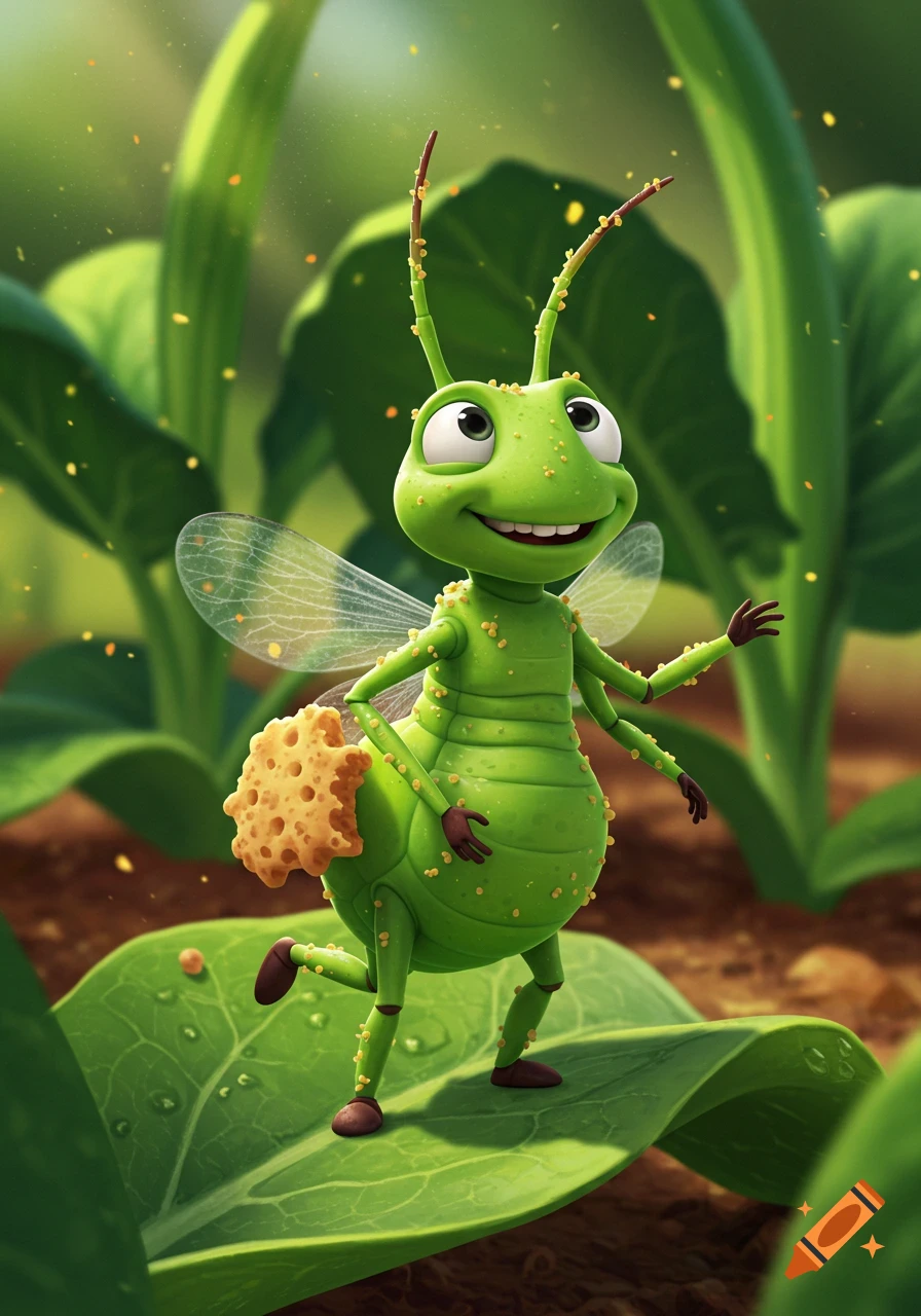 A bright green cartoon insect with wings smiles, holding a cookie on a large leaf in a garden.