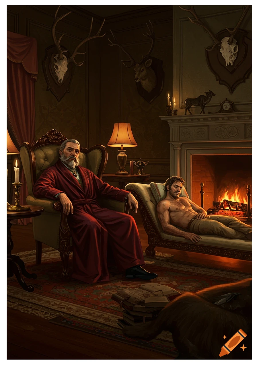 A bearded man in a red robe sits in a luxurious room while a shirtless man reclines by a fireplace. Detailed illustration.