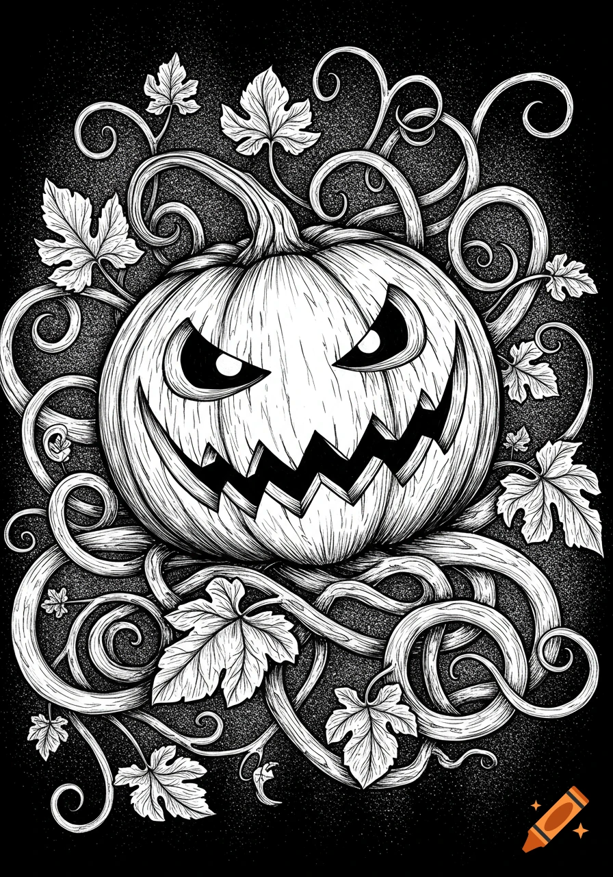 A spooky carved pumpkin with a jagged grin and triangular eyes, surrounded by curling vines and leaves, in a black and white line art style.