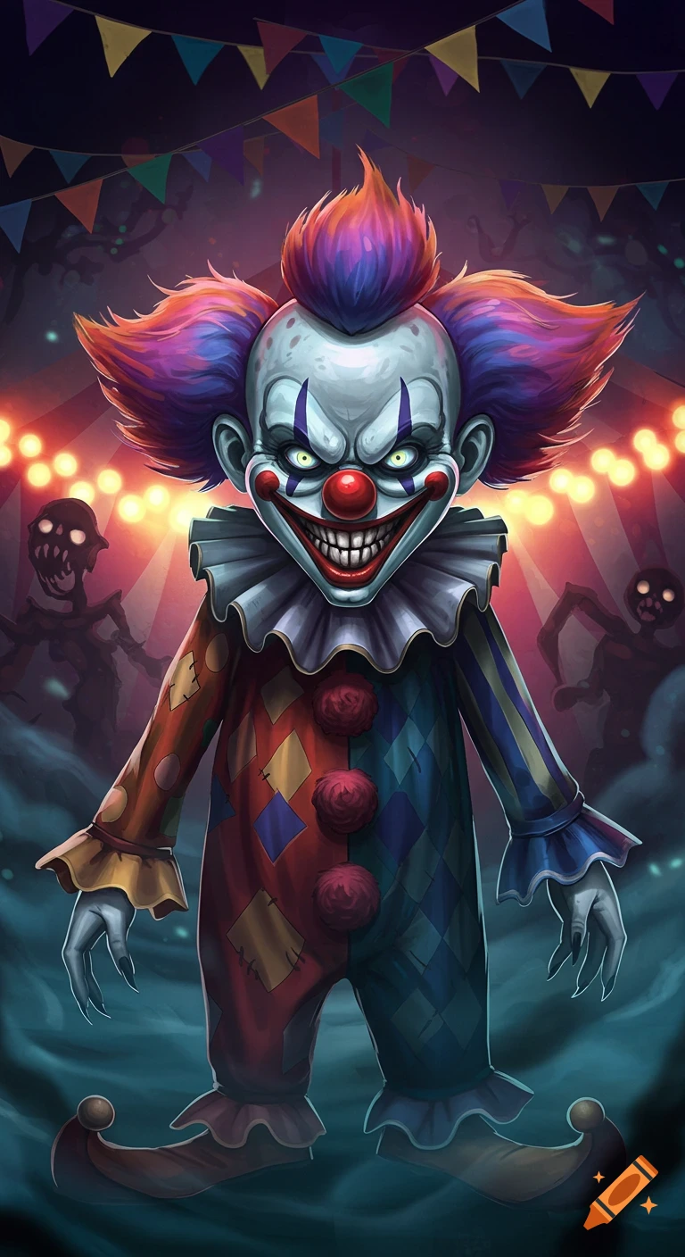 A terrifying cartoon killer clown with sharp teeth, glowing eyes, and colorful hair, in a dark carnival with shadowy figures.