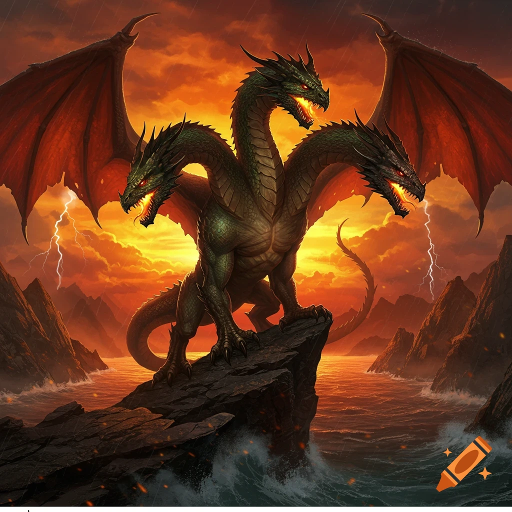 A three-headed green dragon with large red wings stands on a rocky cliff overlooking a stormy sea at sunset, with lightning in the orange sky.