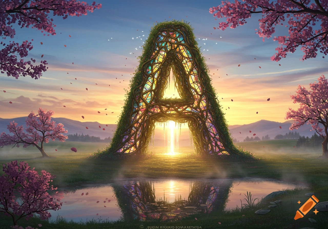 A giant letter 'A' made of mossy roots and colorful stained glass stands in a spring meadow with cherry blossoms at sunset, reflecting in a pond.