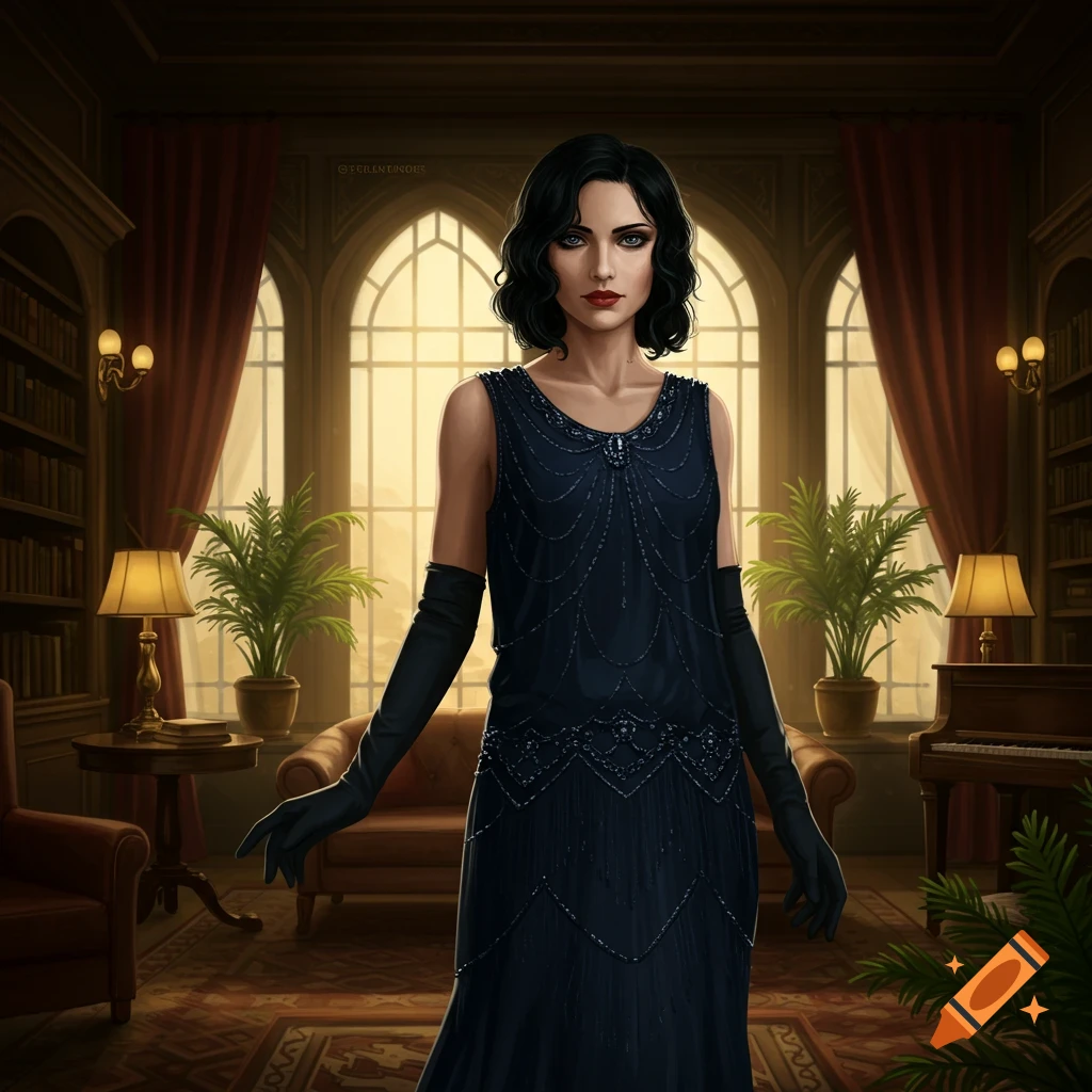 A woman with dark hair in a black flapper dress and long gloves stands in a luxurious vintage room.