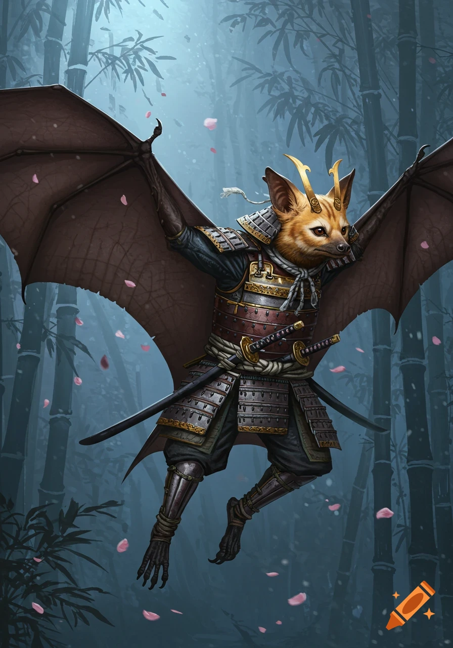A Ryukyu flying fox bat wearing intricate samurai armor floats in a misty bamboo forest with falling pink petals.