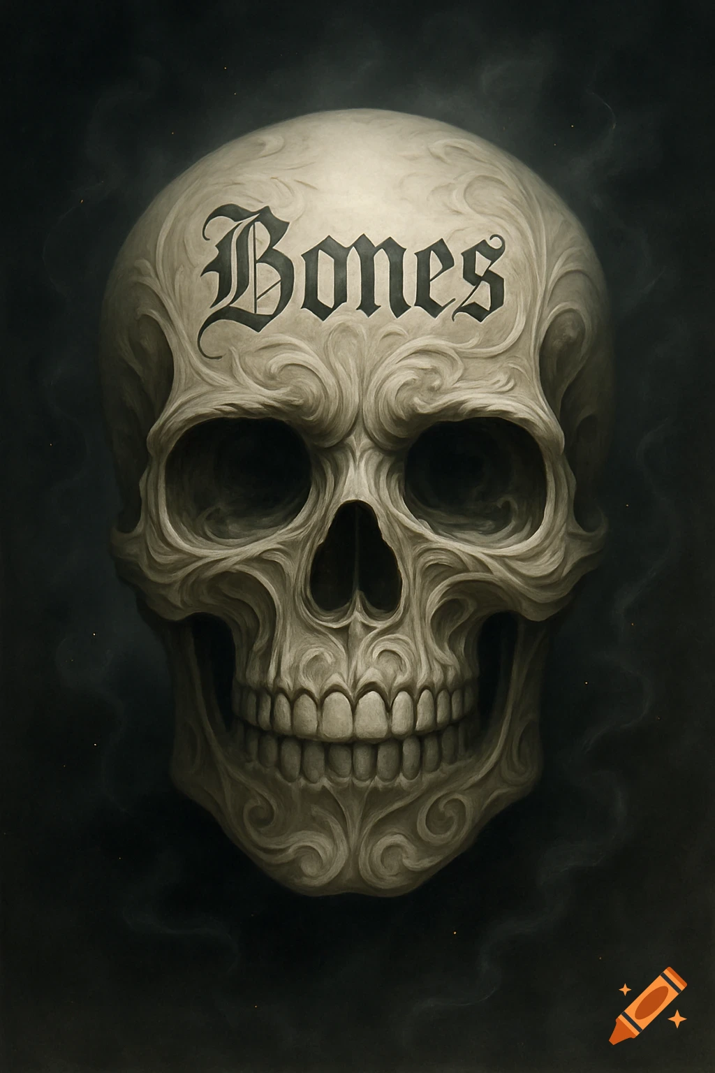 An ornate, carved human skull with the word 'Bones' on its forehead, set against a dark, smoky background in a gothic art style.