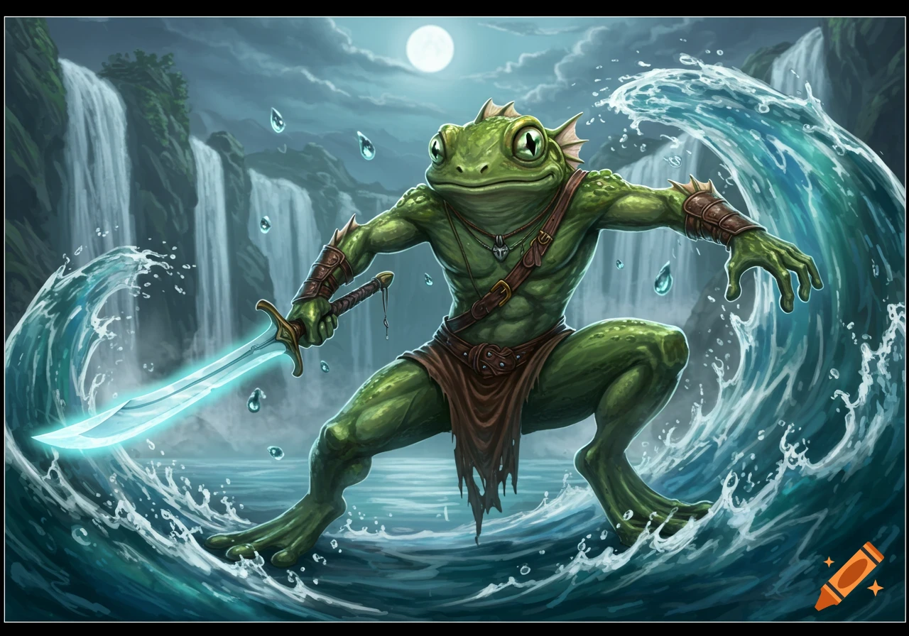 A green frog-humanoid warrior with a glowing blue sword stands in crashing waves at night, with waterfalls and a full moon.