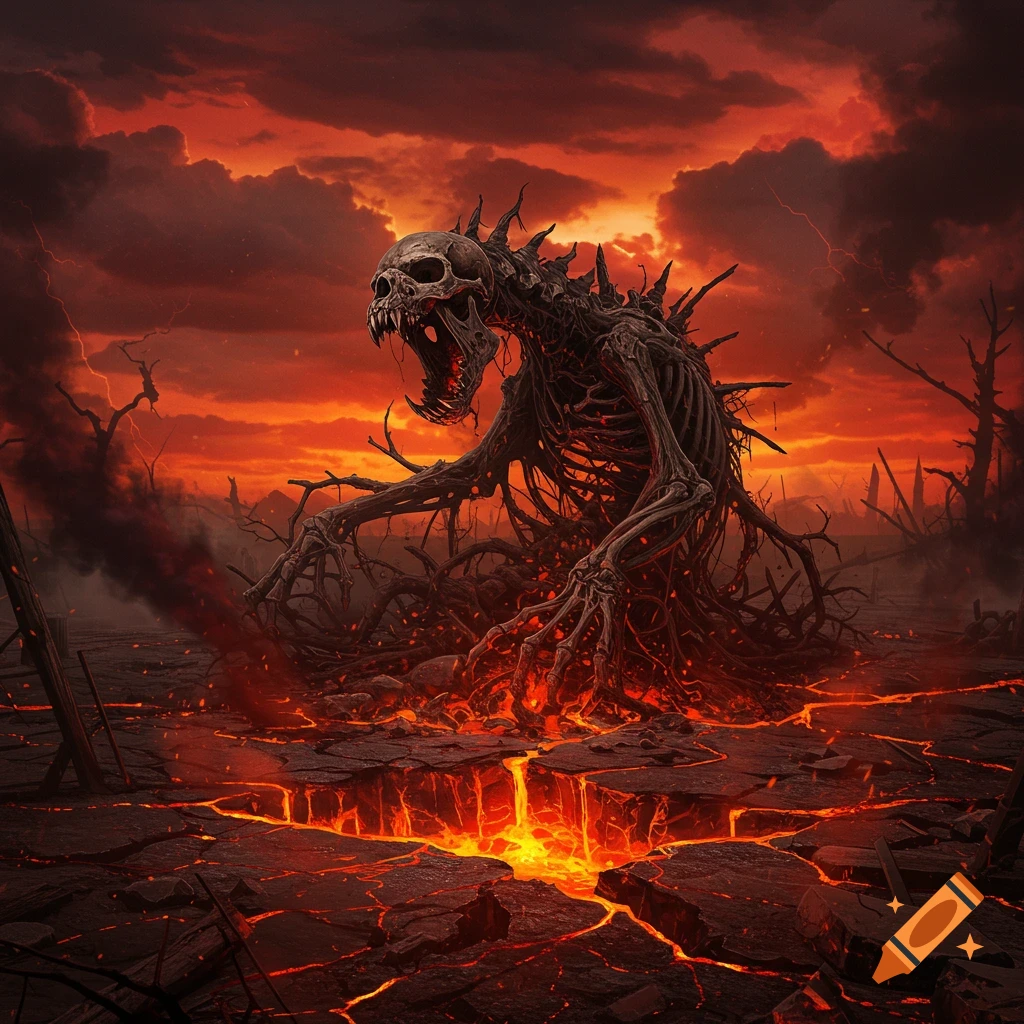 A skeletal monster with a skull head rises from cracked earth and molten lava under a fiery red, stormy sky in a dark art style.