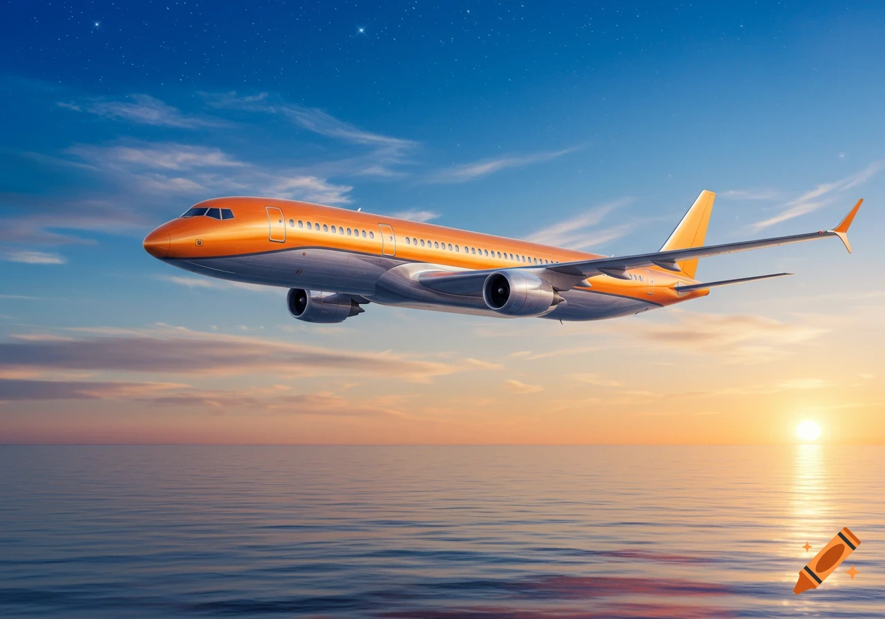 An orange and silver airplane flies over a calm ocean at sunset under a blue sky with stars.