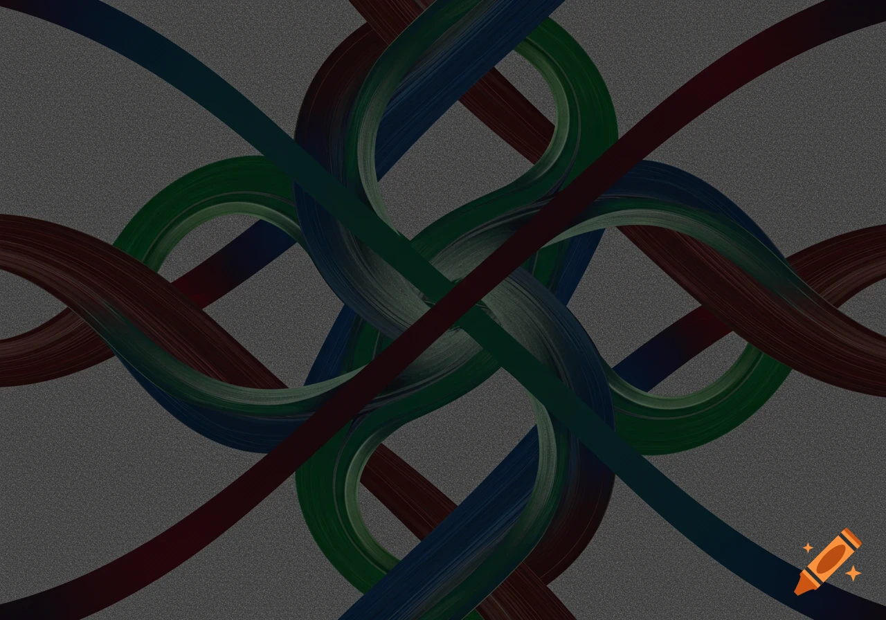 Abstract intertwining lines in maroon, dark green, and dark blue create a knot-like pattern on a grainy grey background.