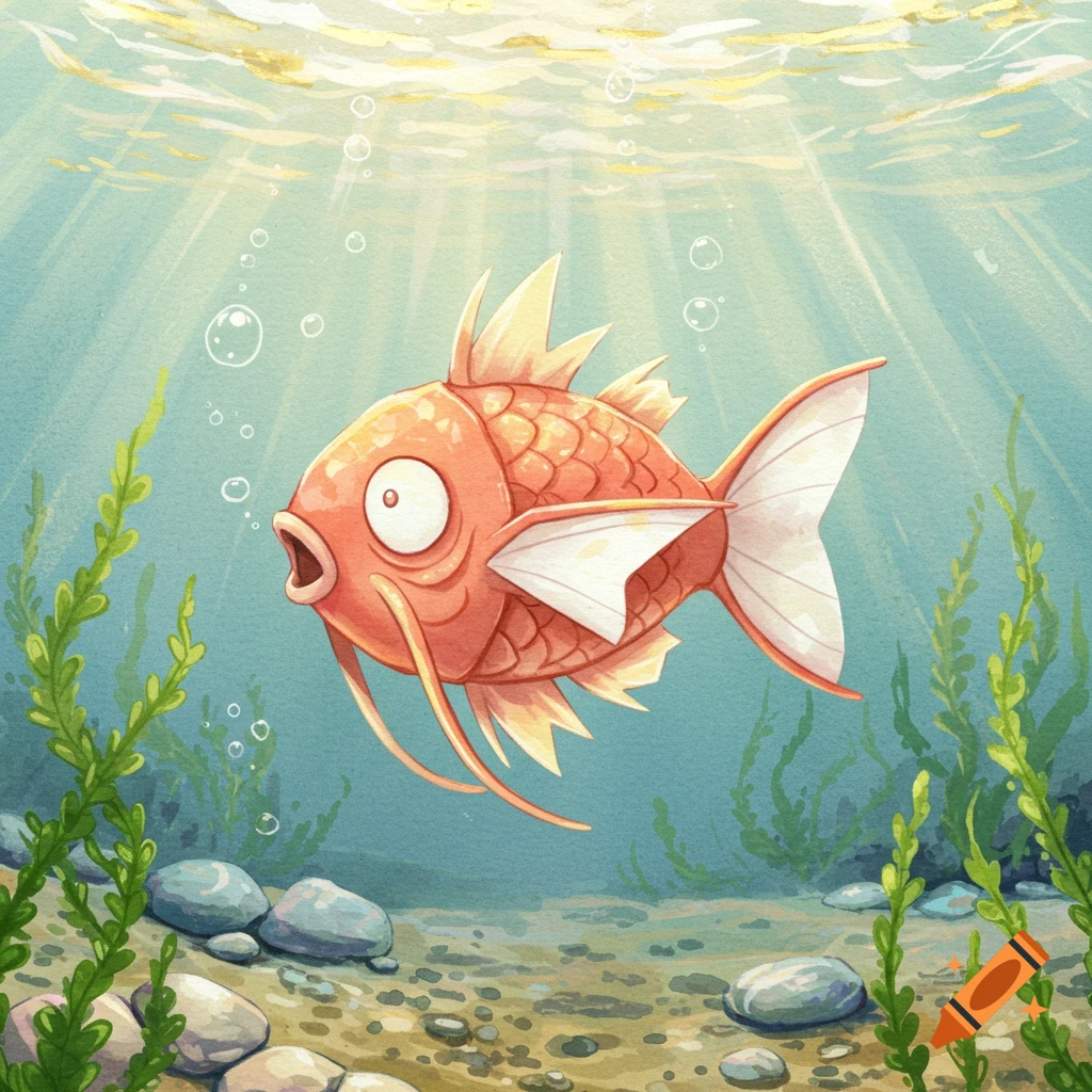 A soft watercolor illustration of a Magikarp swimming underwater with light rays, seaweed, and pebbles.
