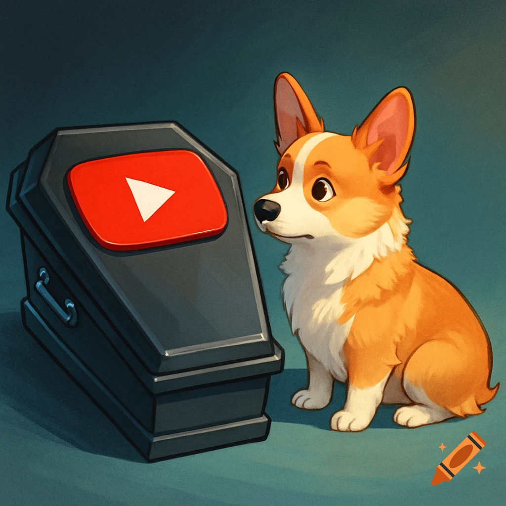 A cute corgi dog sits next to a black coffin with a red YouTube play button logo on its lid, in a cartoon style.
