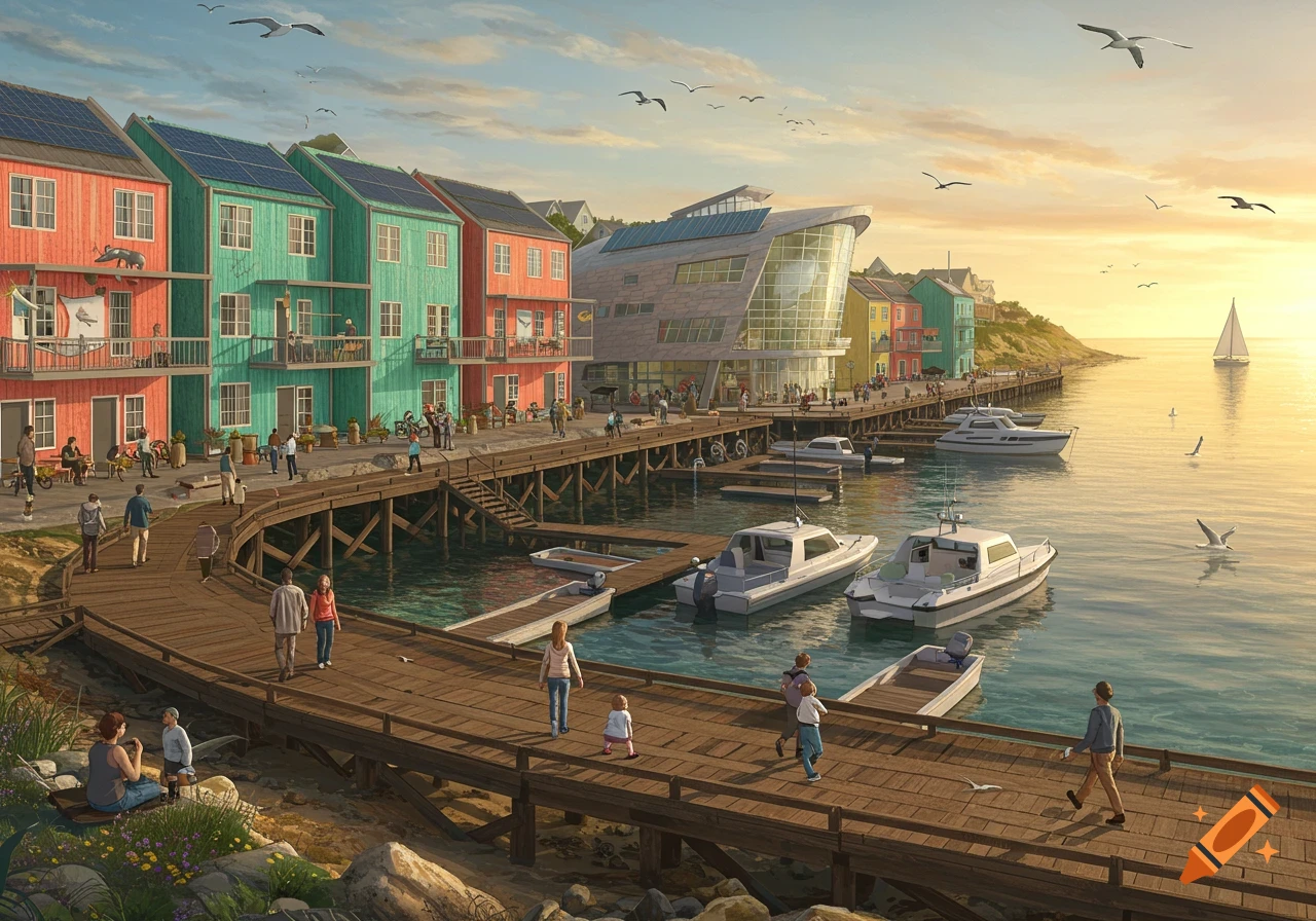 A vibrant coastal village with colorful houses, walking decks, boats, and people enjoying a sunny day by the sea.