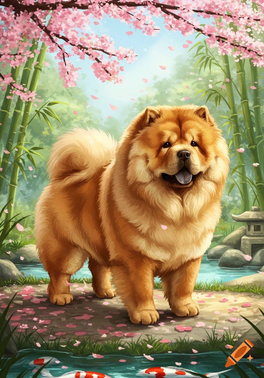 An illustrative fluffy orange Chow Chow dog stands in a Japanese garden with pink cherry blossoms, bamboo, and koi fish.