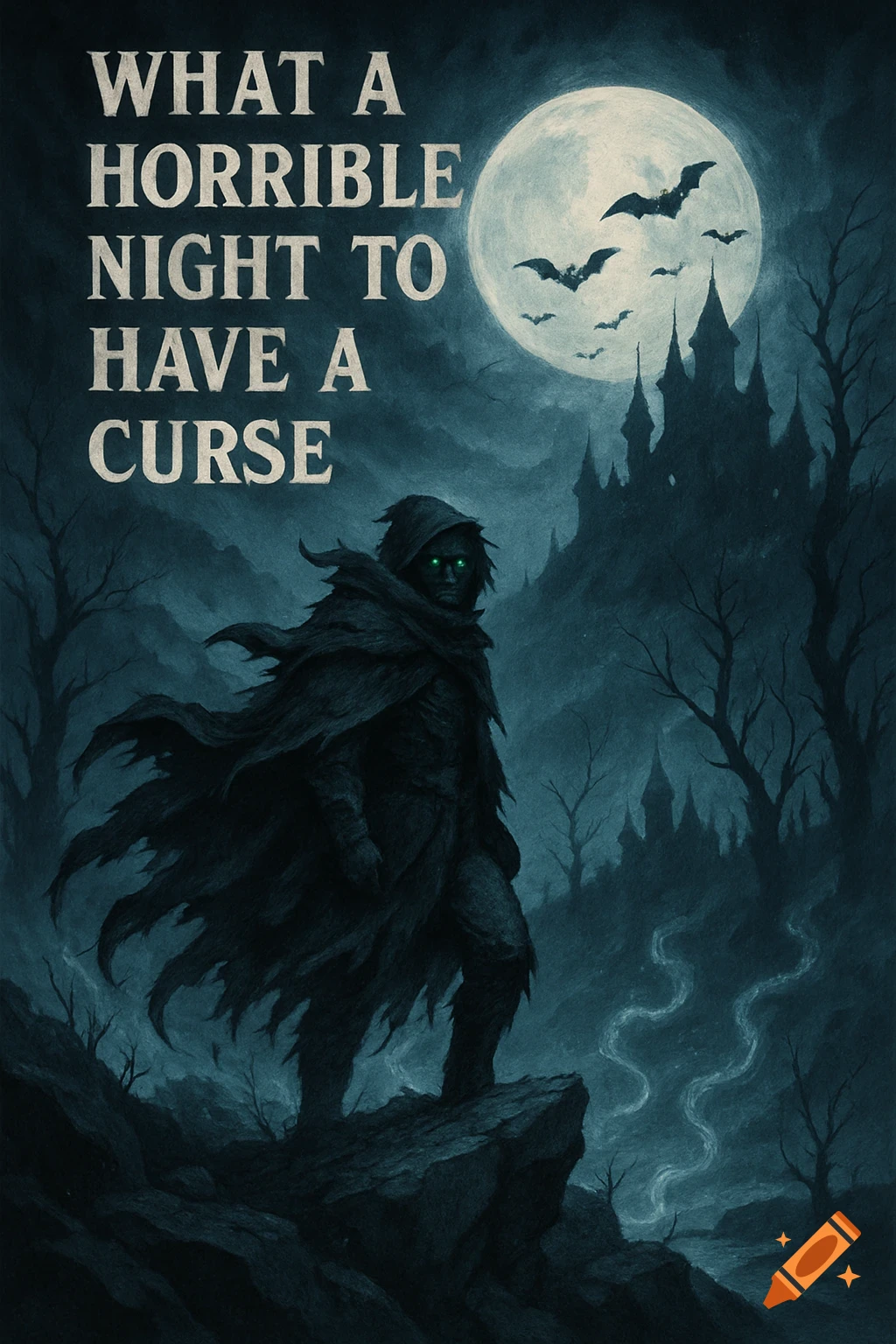 A cloaked figure with green eyes beneath a full moon, bats, and a spooky castle. Text reads: 'WHAT A HORRIBLE NIGHT TO HAVE A CURSE'.