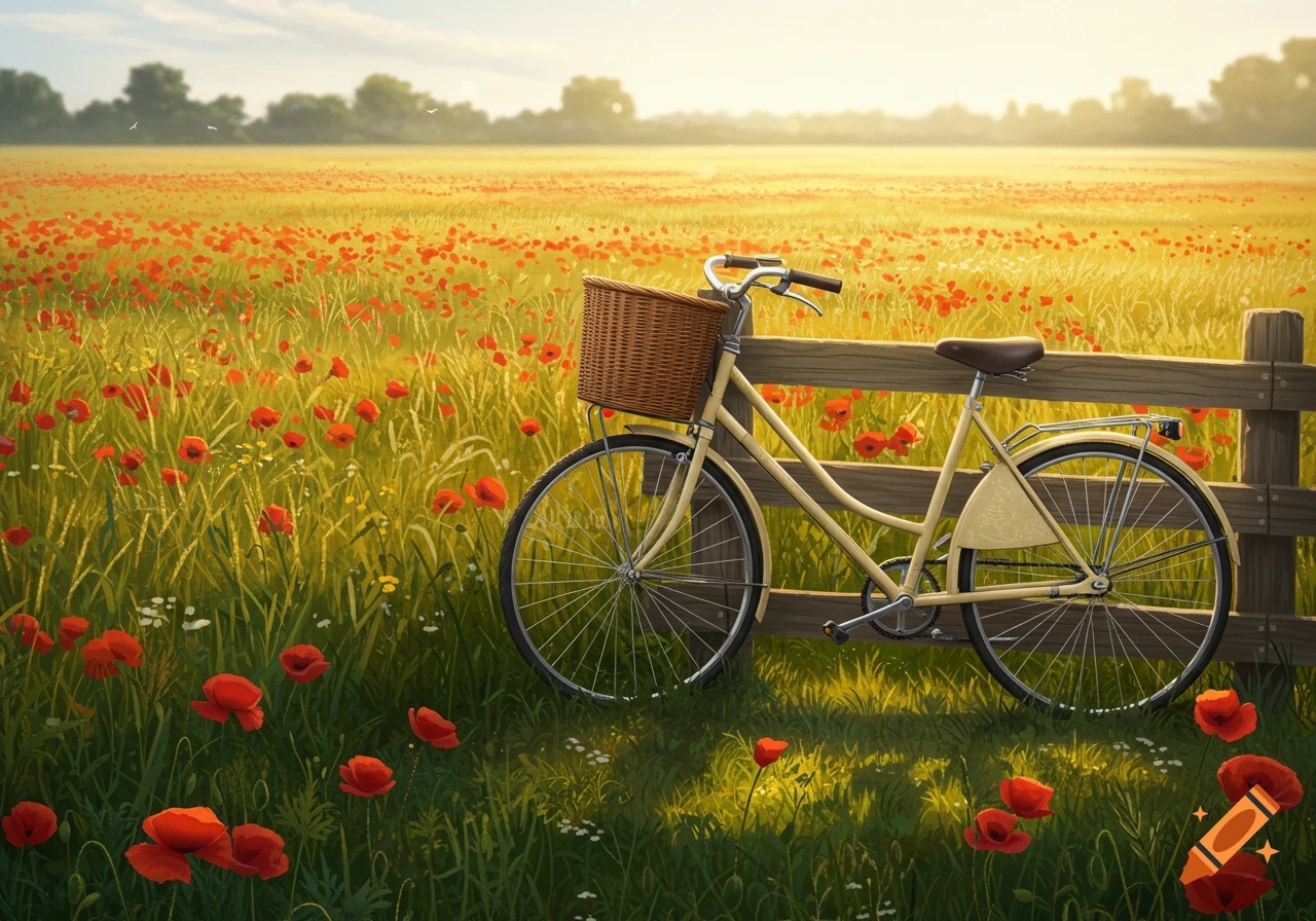 A cream-colored bicycle with a front basket leans against a wooden fence in a sunlit field of red poppies.