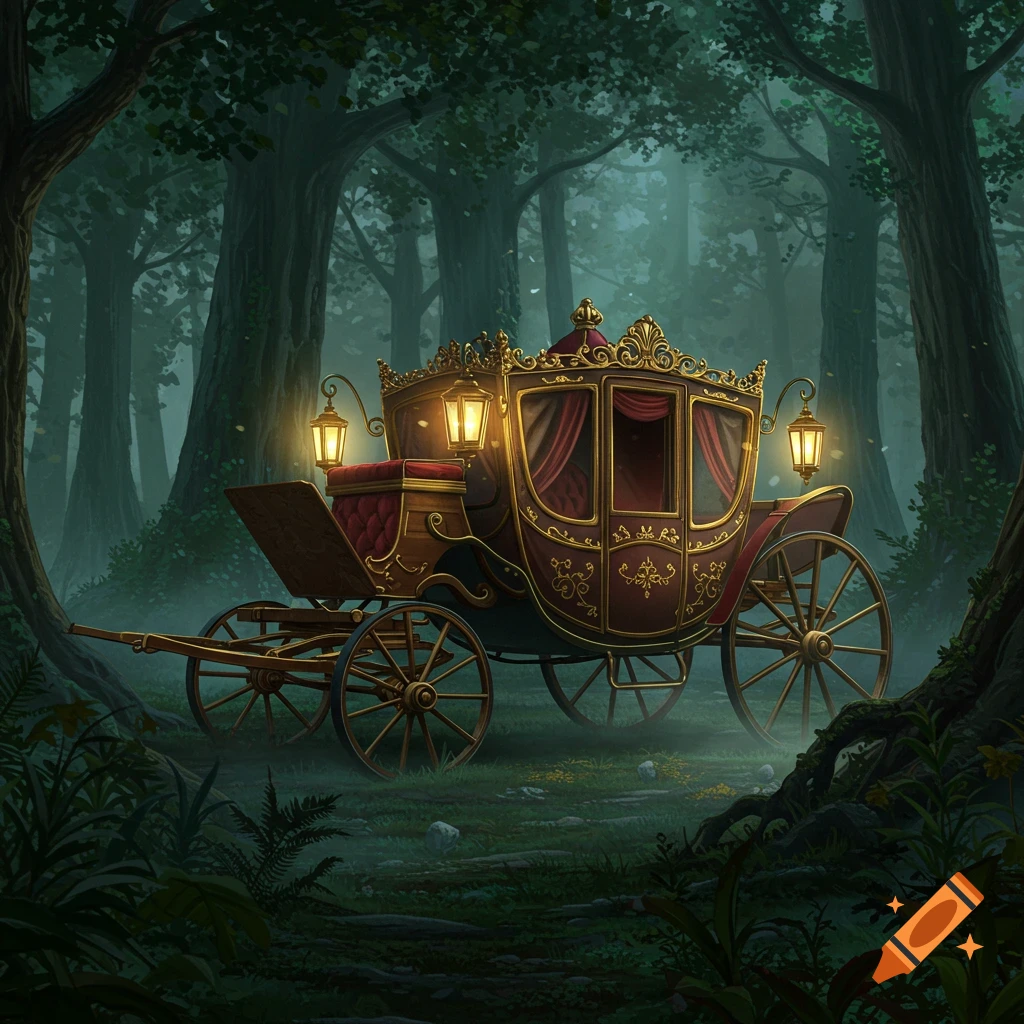 A richly detailed noble carriage with glowing lanterns rests in a dark, misty forest, depicted in a fantasy illustration style.