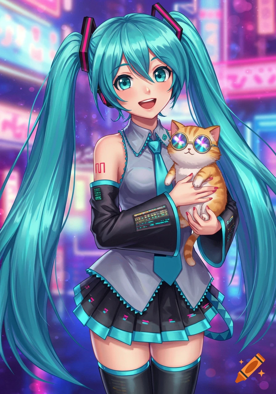 Hatsune Miku, an anime girl with long blue pigtails, smiles while holding an orange tabby cat wearing colorful sunglasses, against a neon city background.