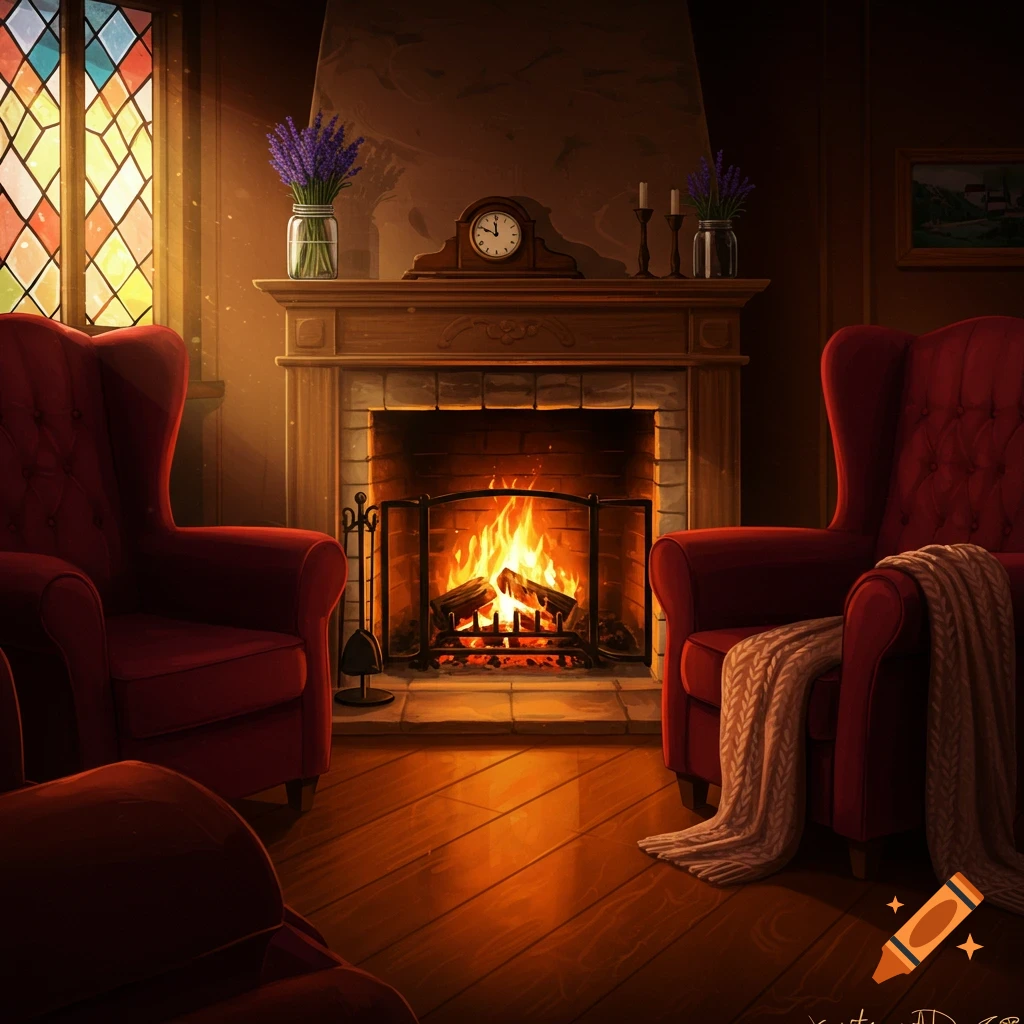 A stylized illustration of a cozy room featuring a lit fireplace, two red armchairs, and a stained glass window.