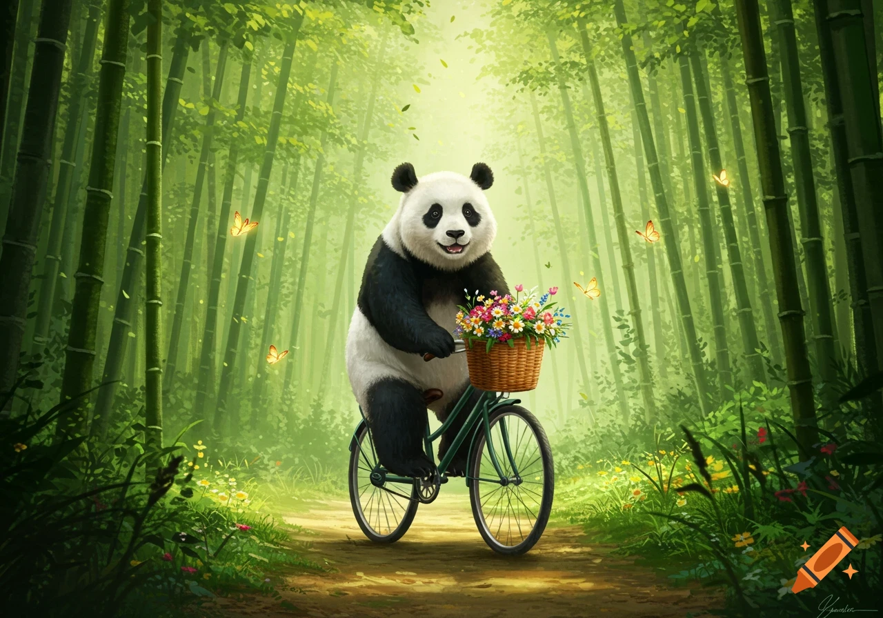A cheerful panda rides a bicycle with a basket of colorful flowers through a lush bamboo forest with butterflies in a whimsical illustration style.