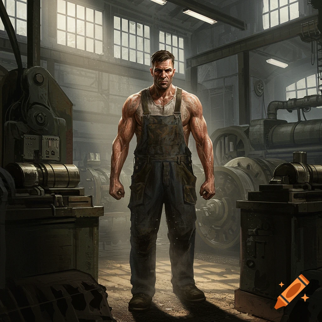 Muscular man in a white tank top and dirty overalls stands in a dimly lit industrial factory.