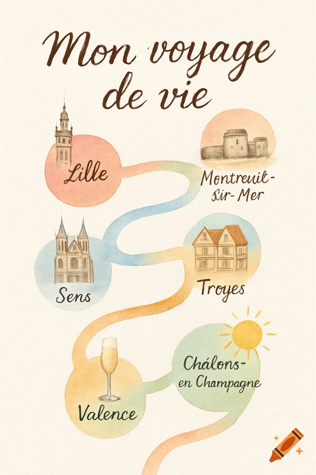 A watercolor map illustration titled "Mon voyage de vie" (My life's journey) depicting a winding path connecting six French cities, each with a small symbol.