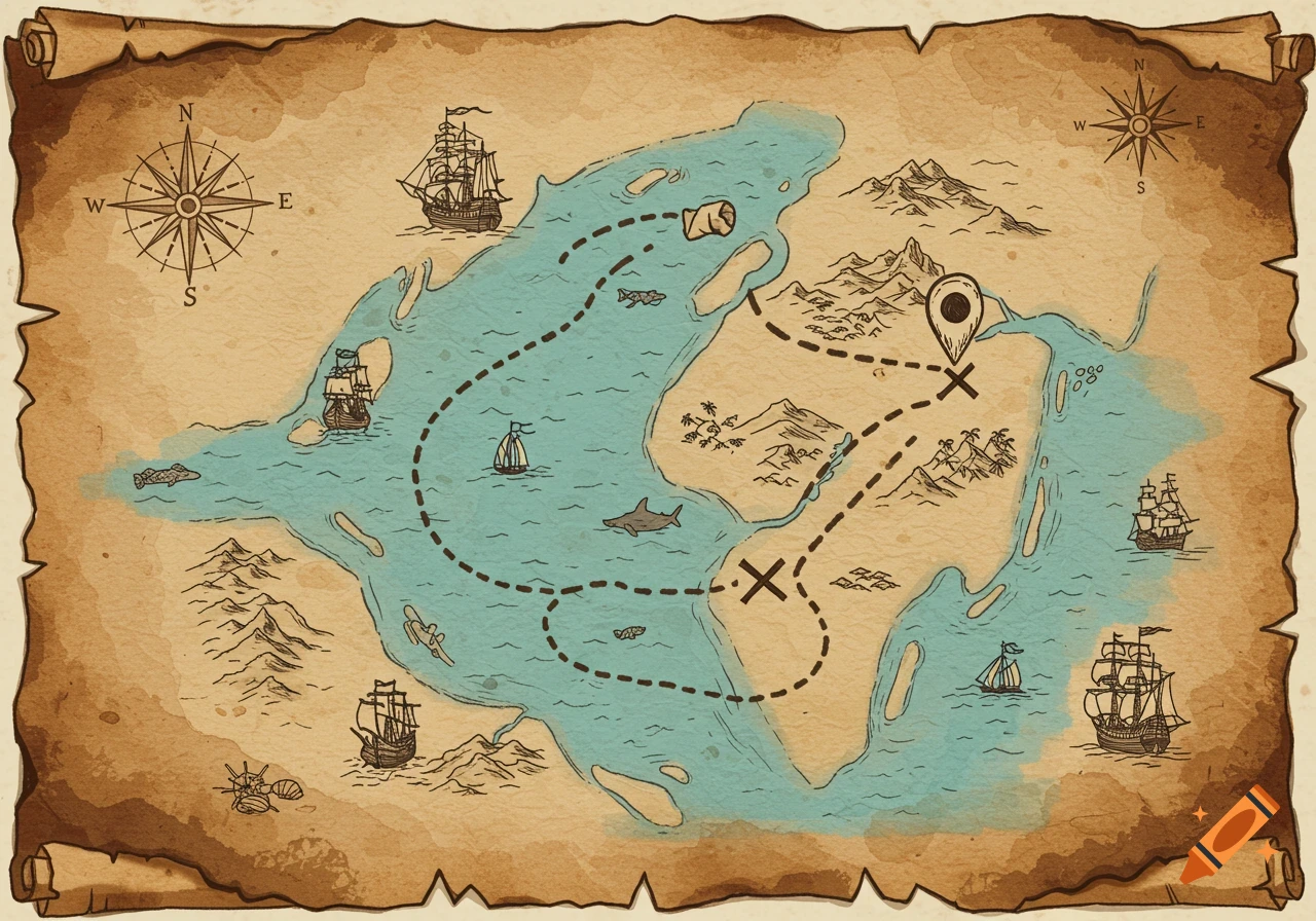 A vintage-style treasure map on aged paper, featuring islands, blue seas with ships, compass roses, and a dotted path leading to an 'X' marking the treasure.