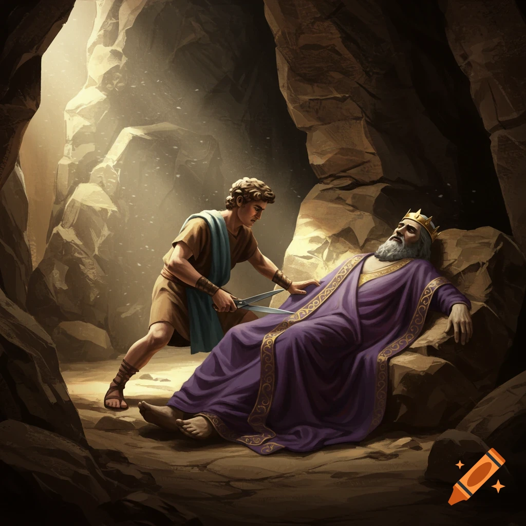 A young man with scissors cuts cloth from an old king's purple robe as the king sleeps in a dimly lit cave.