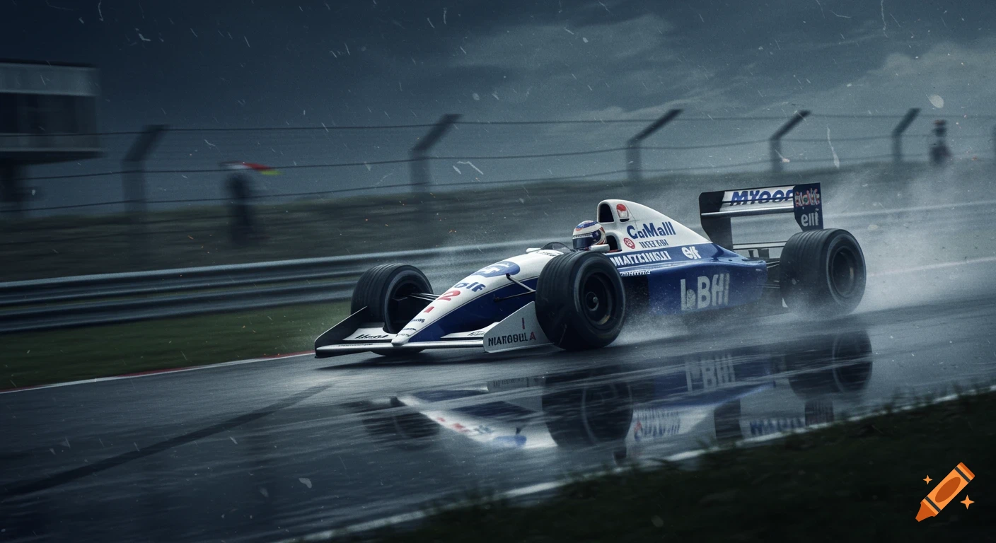 A blue and white Formula 1 car races on a wet track under a stormy sky, with rain streaks and reflections.