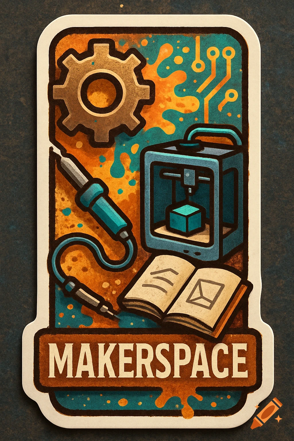 Stylized makerspace sticker illustration with a gear, soldering iron, 3D printer, book, and 'MAKERSPACE' text.