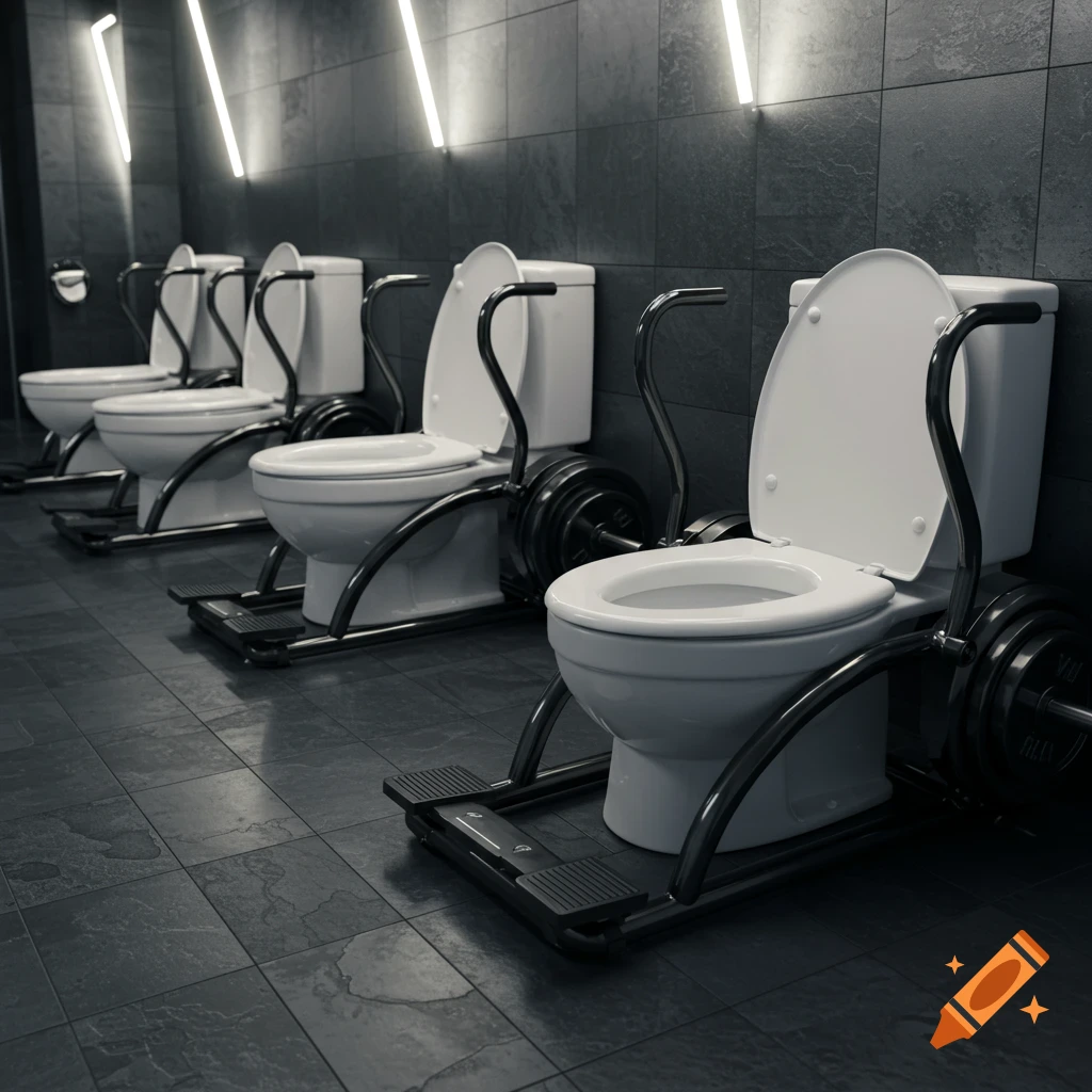 A row of white toilets integrated with black gym equipment, featuring step platforms and barbell weights, in a dark tiled room.