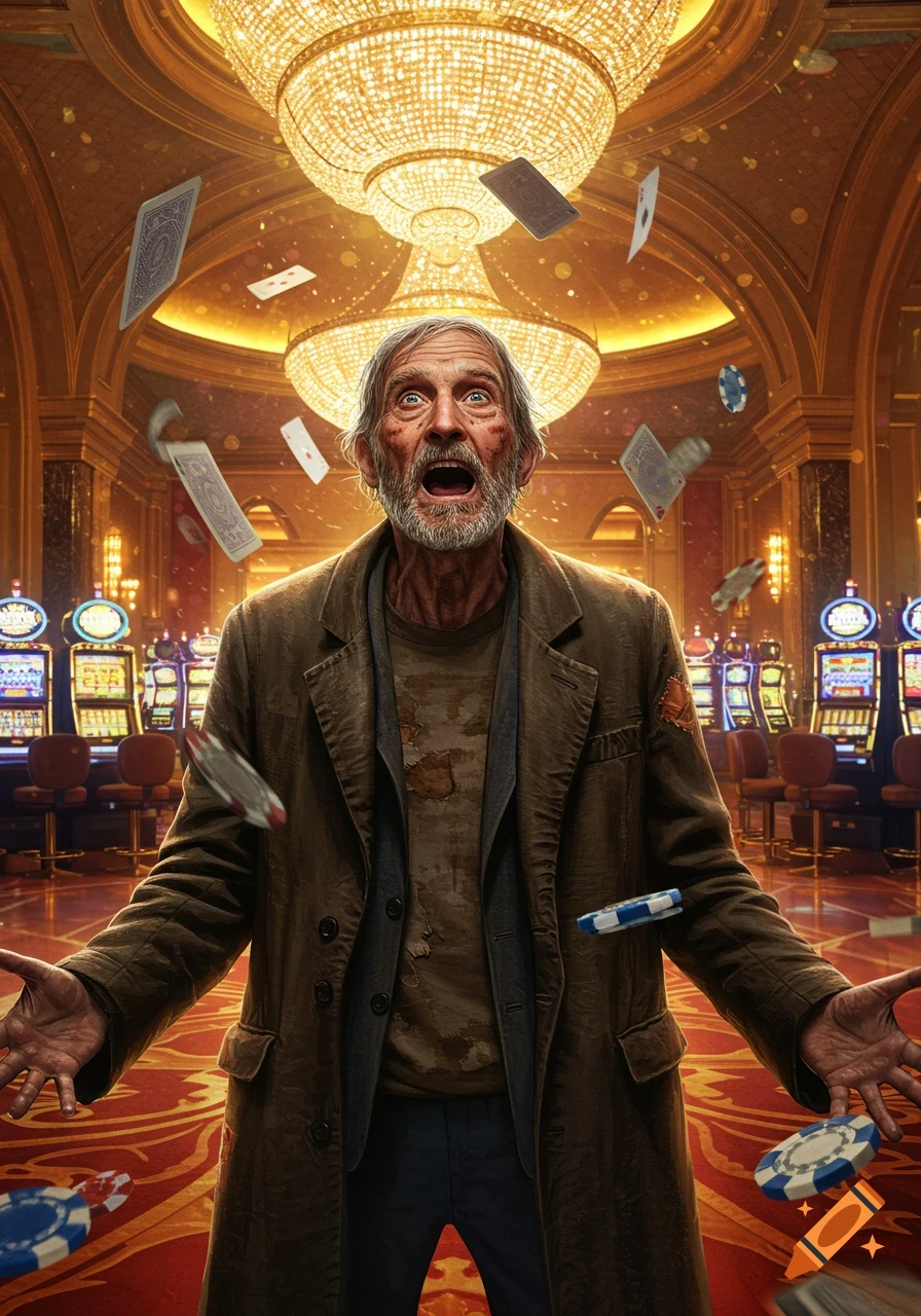 A surprised, disheveled man in a casino as playing cards and chips fly around him; photorealistic style.