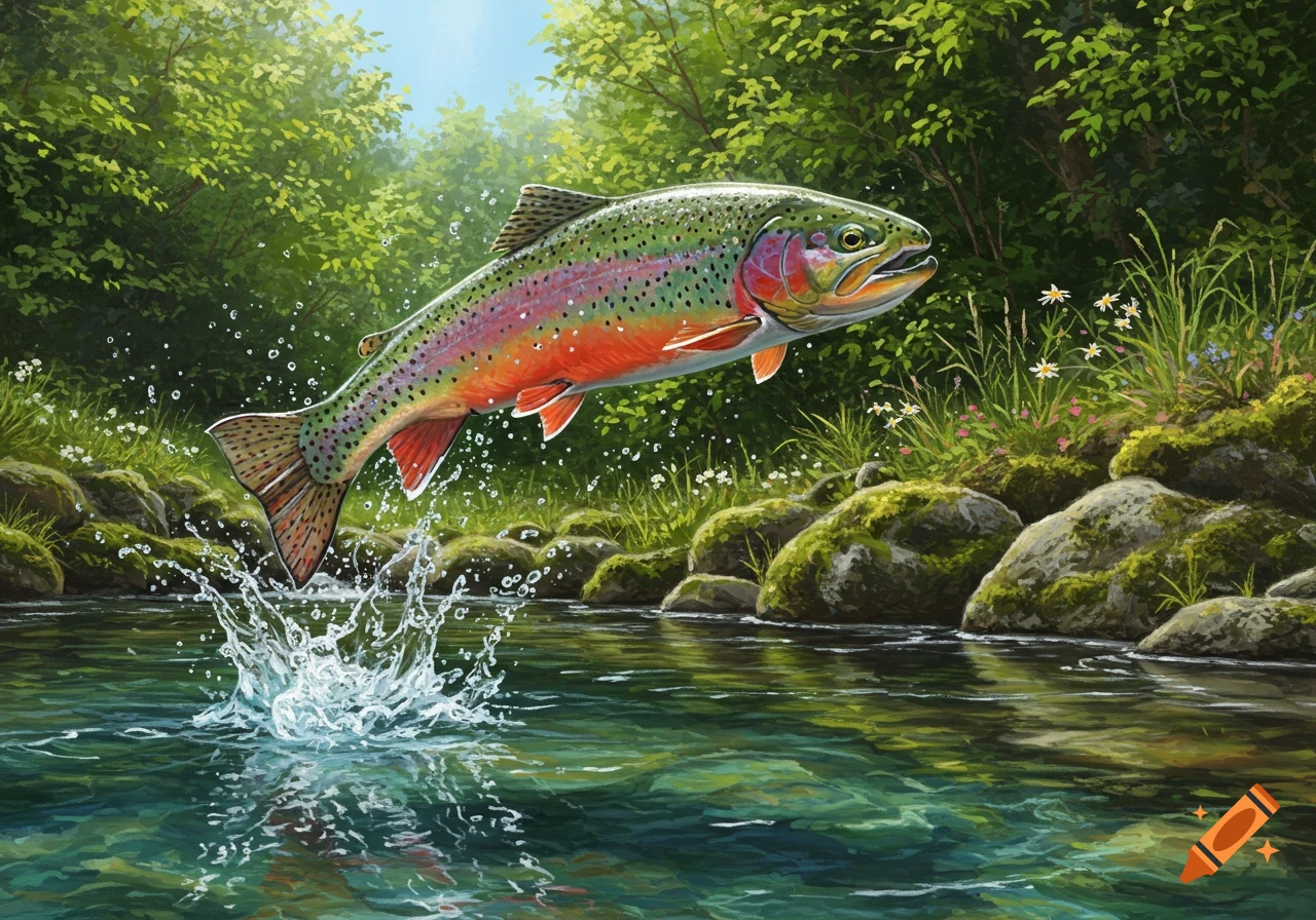 A vibrant rainbow trout leaps from a river amidst green foliage and mossy rocks, splashing water in a detailed illustration.