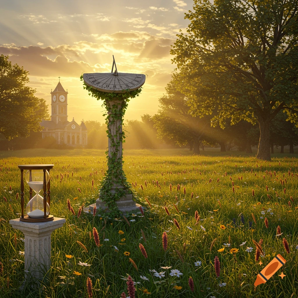 A sundial covered in vines and an hourglass on a pedestal stand in a sunny, wildflower-filled field with a distant church.