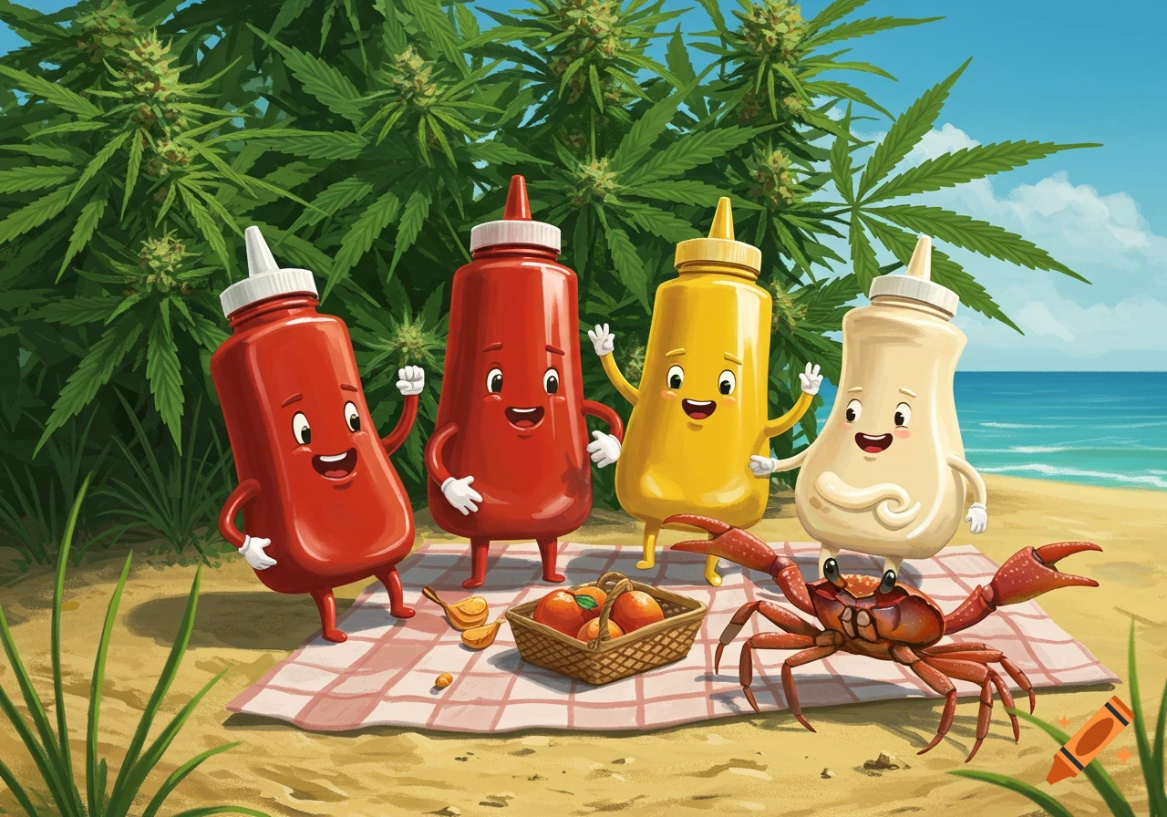 Cartoon condiment bottles (ketchup, mustard, mayo) and a crab on a beach picnic blanket, with cannabis plants and the ocean in the background.