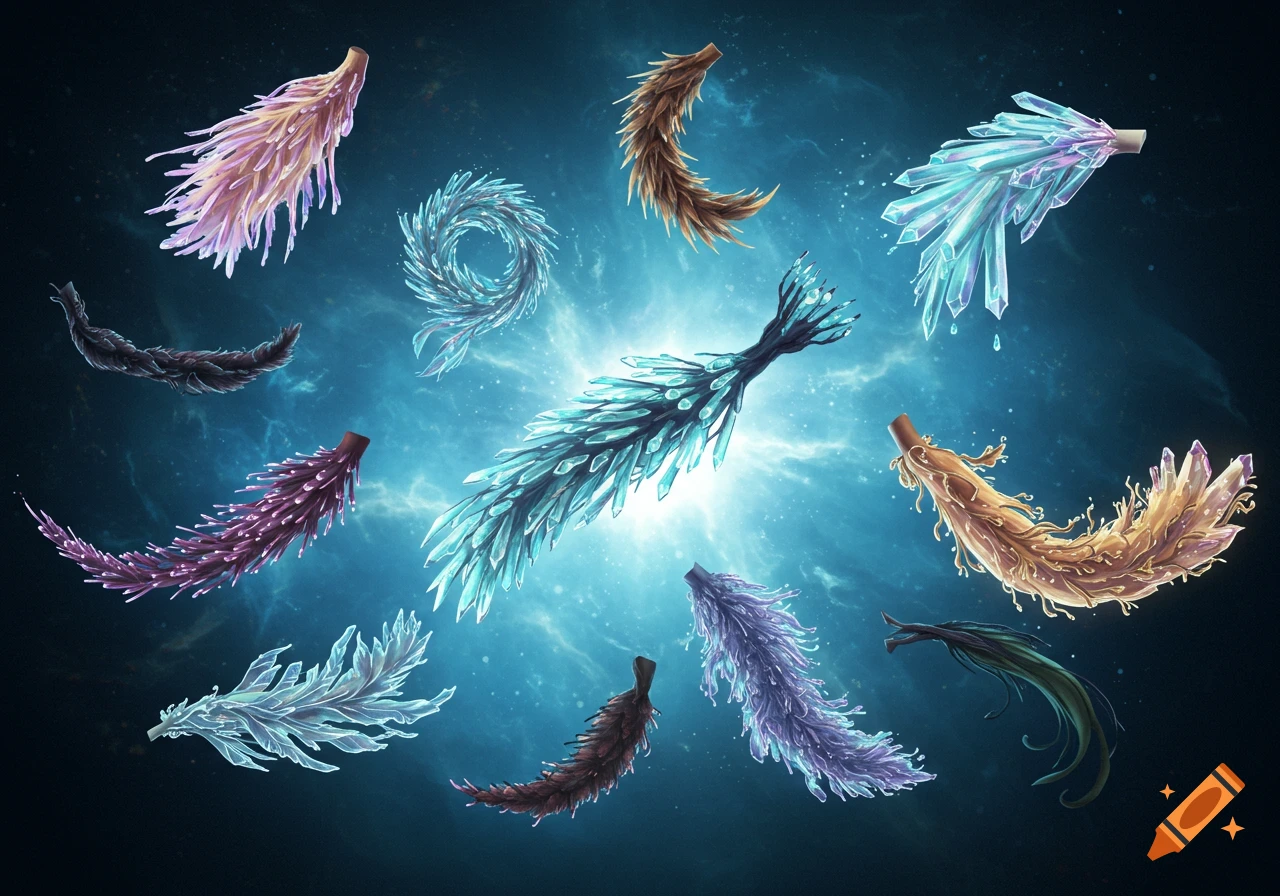 Multiple glowing, unique, feathery, and crystalline abstract tails in various colors against a dark cosmic background.