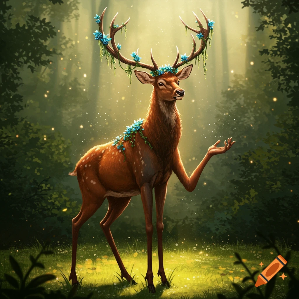 A fantastical deer with large antlers adorned with blue flowers and vines, and human-like hands, stands in a magical forest.