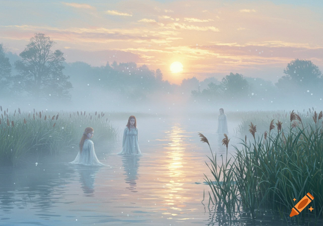 Three women in white dresses stand in a misty river at sunrise or sunset, surrounded by reeds and foggy trees, in an ethereal style.