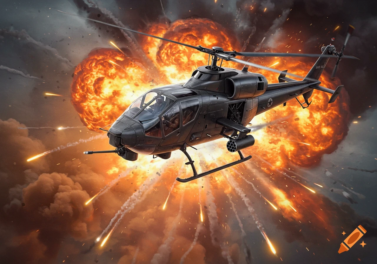 A black military helicopter flies past large explosions and fiery projectiles in an action scene.