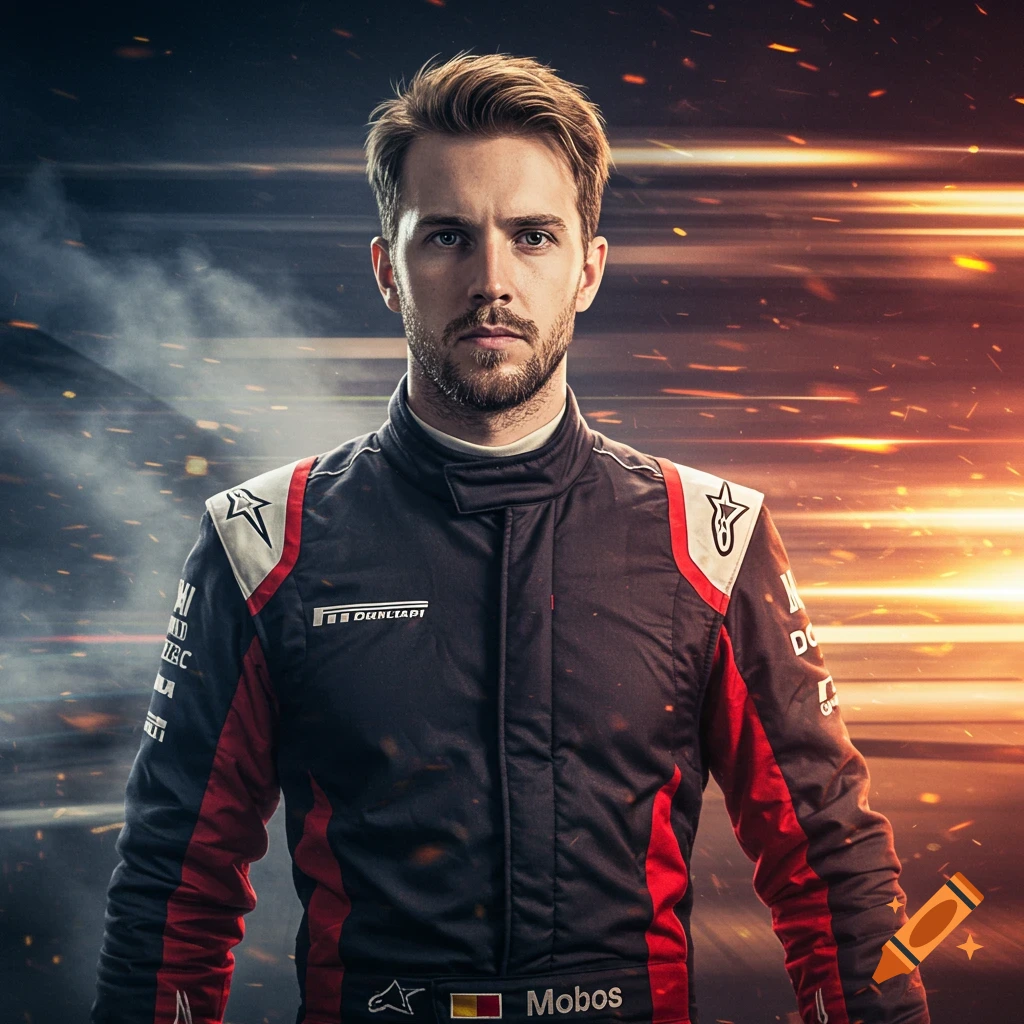 A serious male racing driver in a black and red suit stands against a blurred, fiery background with streaks of light.