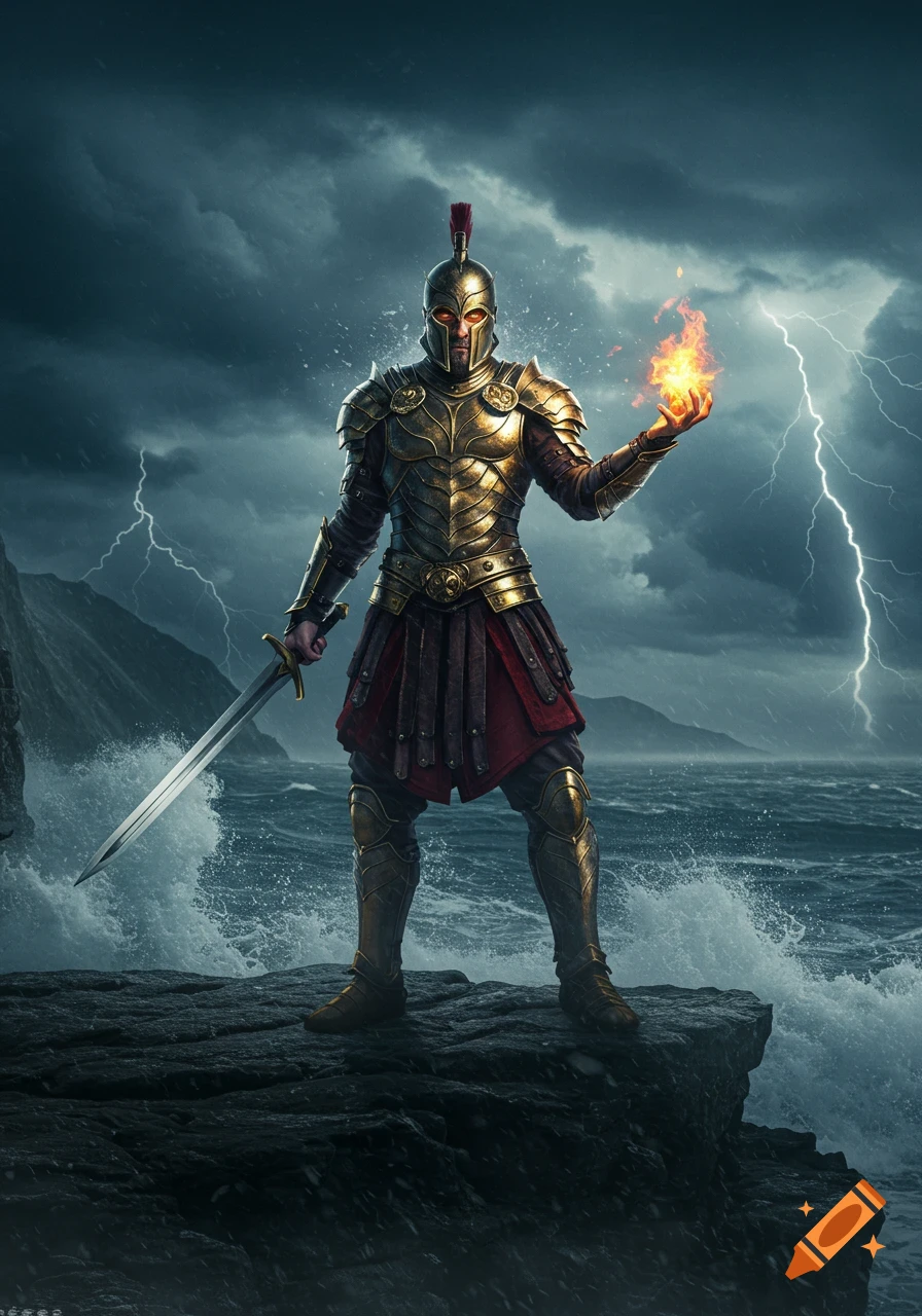 A powerful warrior in golden armor stands on a rock by a stormy sea, holding a sword and glowing fire amidst lightning.